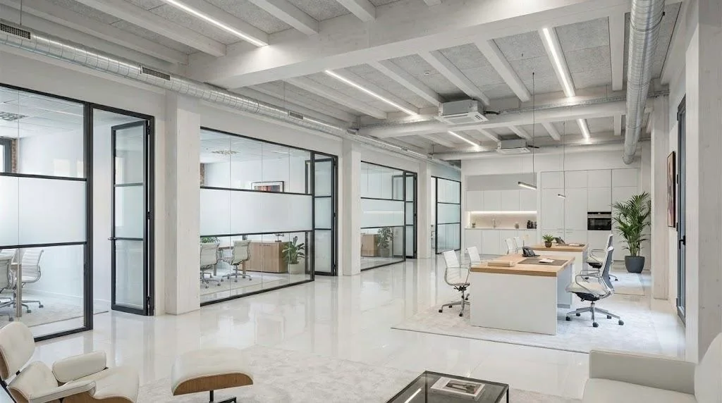 Propuesta de oficina luminosa con acabados claros y mesas de trabajo