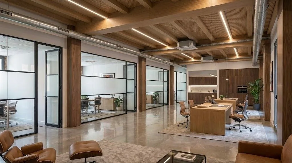 Propuesta visual de una oficina con acabados en madera, mobiliario y luz natural