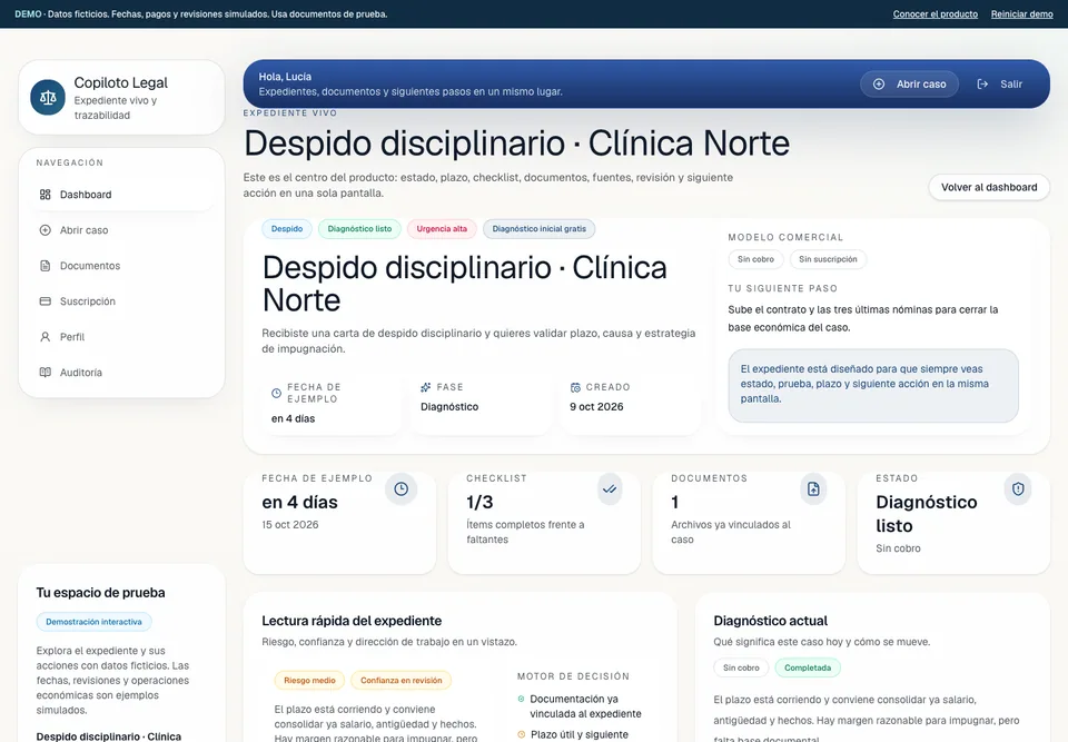 Detalle real de un expediente ficticio con checklist e historial.