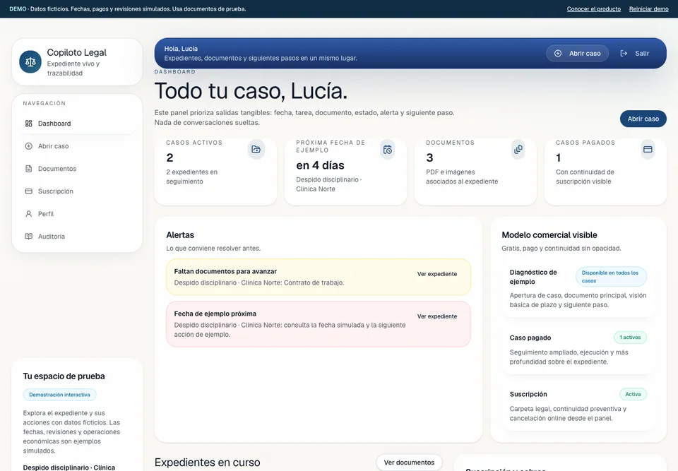 Captura real de la demo: panel de Copiloto Legal con expedientes, documentación y próximas fechas de ejemplo.