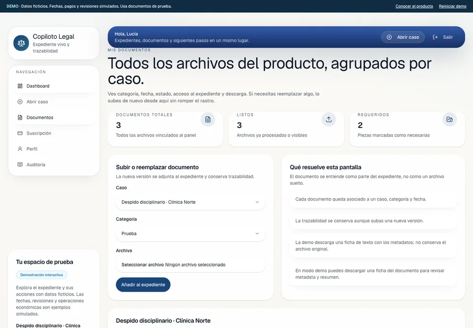 Pantalla real de documentos de la demostración.