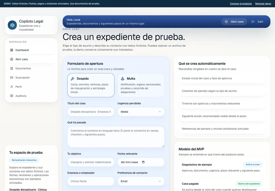 Formulario real de apertura de un expediente de prueba.