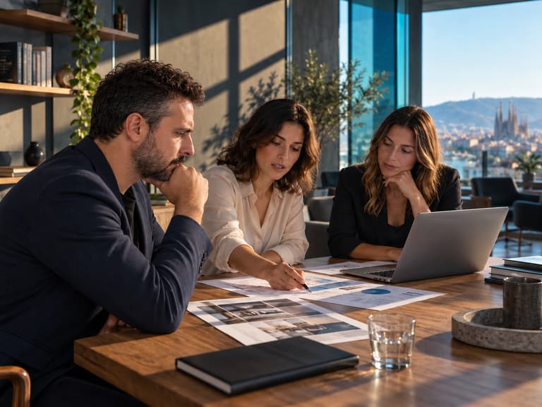 Escena recreada con IA: Aleix y profesionales revisando un proceso de negocio.