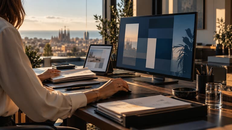 Escena recreada con IA: puesto de trabajo operativo con pantalla, tableta y documentos.