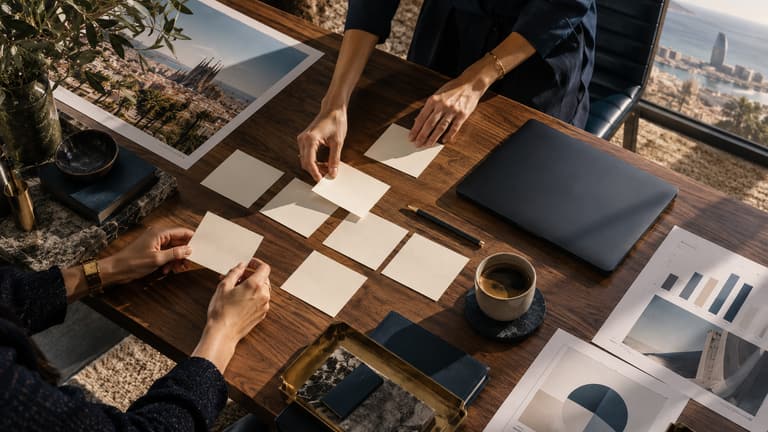 Escena recreada con IA: mesa de planificación con materiales de trabajo y luz natural.