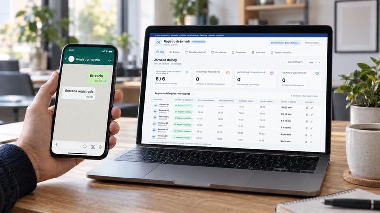 Portátil con el panel de registro de jornada recreado con datos ficticios y móvil con un ejemplo de fichaje por WhatsApp.