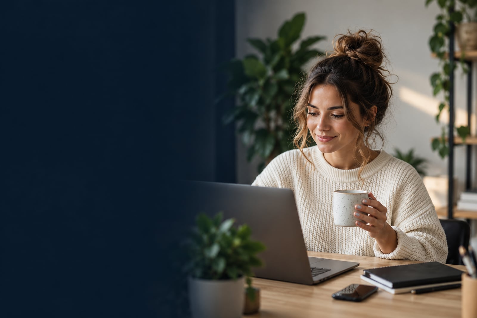 Escena editorial creada con IA: una profesional consulta su contenido en un portátil, en un espacio de trabajo luminoso